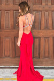 Mermaid Jewel Sweep Train Red Stretch Satin Open Back Prom Dress with Beading LR213