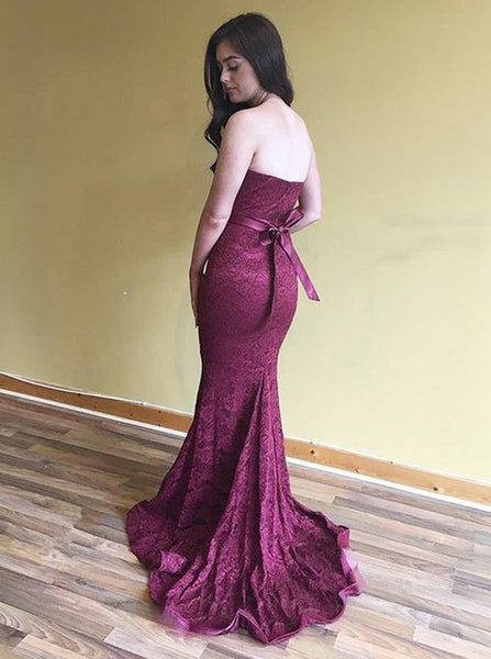 Mermaid Sweethert Sweep Train Burgundy Lace Prom Dress with Sash PDA478 | ballgownbridal