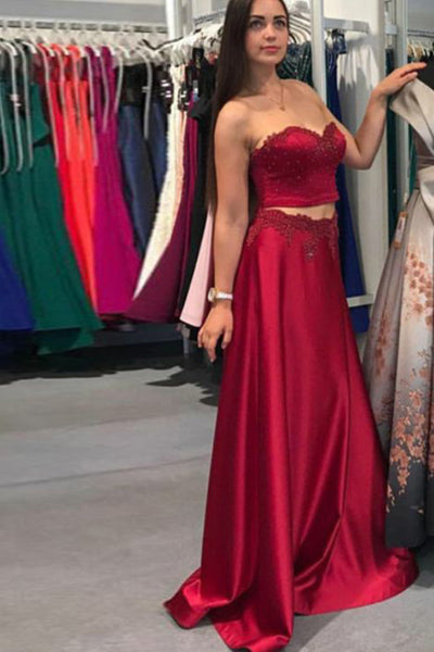 Two Piece Sweetheart Sweep Train Dark Red Satin Prom Dress with Appliques LR236