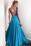 A-Line Deep V-Neck Blue Chiffon Backless Prom Dress with Appliques LR463