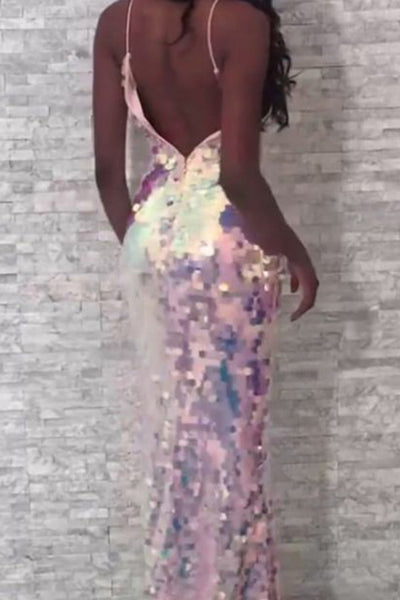 Mermaid Spaghetti Straps Sweep Train Metalic Sequined Backless Sleeveless Prom Dress LR151