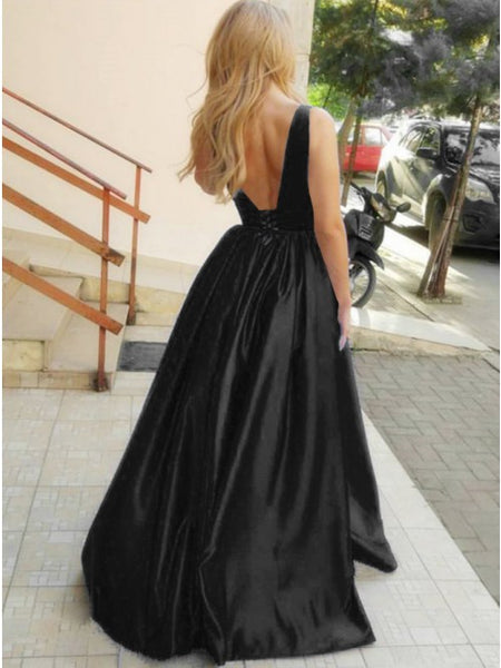 A-Line Deep V-Neck Backless Black Satin Prom Dress with Pockets PDA304 | ballgownbridal