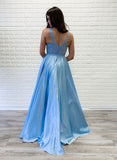 Bright Blue Lace Satin Open Back Long Halter Prom Dress PDA510 | ballgownbridal