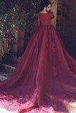 Ball Gown Boat Neck Long Sleeves Court Train Dark Red Tulle Appliques Prom Dress AHC519