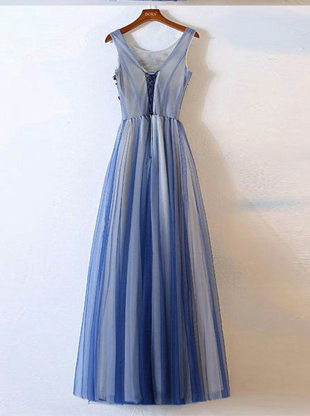 A-Line Round Neck Floor-Length Blue Prom Dress with Appliques PDA525 | ballgownbridal