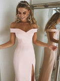 Sheath Off-the-Shoulder Pink Strech Satin Prom Dress with Split PDA464 | ballgownbridal