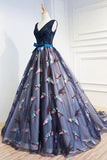 A-Line V-Neck Court Train Navy Blue Tulle Prom Dress with Appliques Beading AHC497