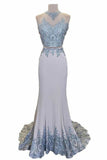 Two Piece Jewel Sweep Train Grey Stretch Satin Prom Dress with Appliques Beading LR374