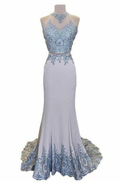 Two Piece Jewel Sweep Train Grey Stretch Satin Prom Dress with Appliques Beading LR374
