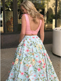 Two Piece V-Neck Backless Blue Floral Satin Prom Dress with Pockets PDA291 | ballgownbridal
