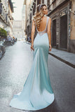 Mermaid Scoop Sweep Train Light Blue Stretch Satin Backless Beaded Prom Dress LR186
