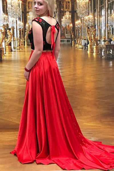 Two Piece Crew Sweep Train Red Satin Open Back Prom Dress with Embroidery Lace LR92