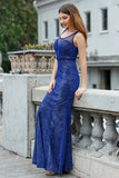 Mermaid Scoop Floor-Length Royal Blue Sequined Sleeveless Prom Dress with Pleats LR381