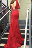 Mermaid Deep V-Neck Sweep Train Red Stretch Satin Backless Beaded Prom Dress LR355 | ballgownbridal