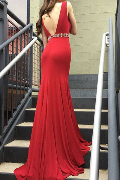 Mermaid Deep V-Neck Sweep Train Red Stretch Satin Backless Beaded Prom Dress LR355 | ballgownbridal