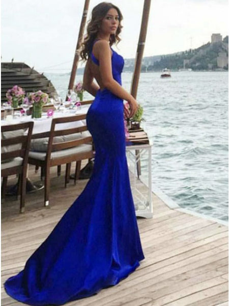 Mermaid Cross Neck Backless Sweep Train Royal Blue Prom Dress PDA299 | ballgownbridal