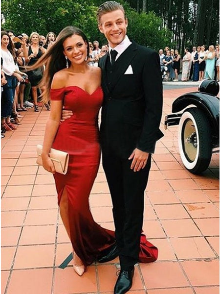 Mermaid Off-the-Shoulder Short Sleeves Sweep Train Red Prom Dress PDA285  | ballgownbridal