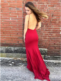 Mermaid Spaghetti Sraps Backless Sweep Train Red Prom Dress with Split PDA277 | ballgownbridal