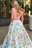 Two Piece V-Neck Sweep Train Blue Printed Satin Backless Prom Dress with Bowknot LR307