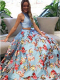 Two Piece Crew Sweep Train Light Blue Printed Organza Prom Dress PDA334 | ballgownbridal