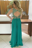 A-Line Jewel Sweep Train Green Chiffon Open Back Prom Dress with Beading LR454