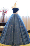 Ball Gown Sweetheart Court Train Navy Blue Lace Prom Dress with Beading AHC515