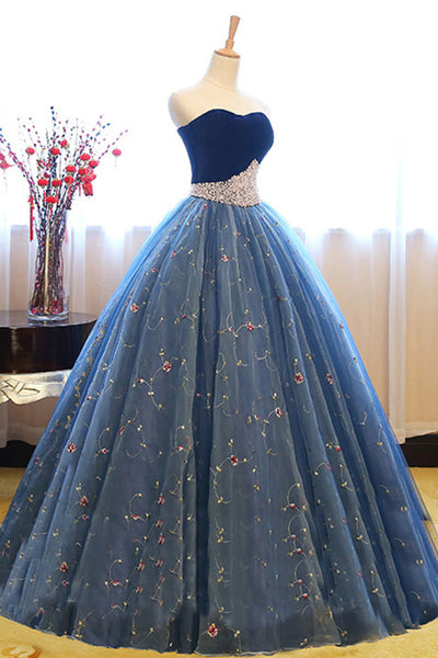 Ball Gown Sweetheart Court Train Navy Blue Lace Prom Dress with Beading AHC515