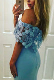 Mermaid Off-the-Shoulder Sweep Train Blue Stretch Satin Split Prom Dress with Lace LR192