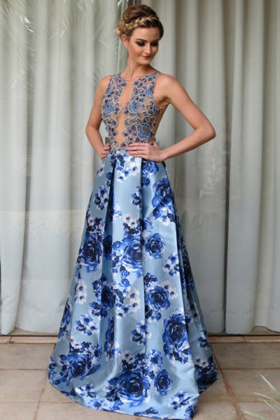 A-Line Jewel Floor-Length Blue Printed Satin Prom Dress with Beading Pockets LR477 | ballgownbridal