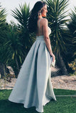A-Line Spaghetti Straps Floor-Length Grey Satin Backless Prom Dress LR394