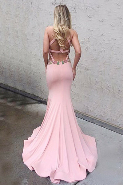 Mermaid Crew Sweep Train Pink Open Back Keyhole Prom Dress with Appliques LR362