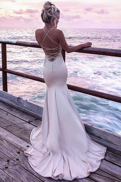Impressive Mermaid Criss-Cross Spaghetti Straps Prom Dress Lace Appliques Sweep  AHC548 | ballgownbridal