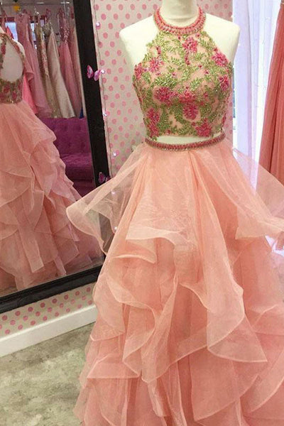 Two Piece Jewel Floor-Length Pink Tulle Ruffles Prom Dress with Appliques Beading LR397 | ballgownbridal