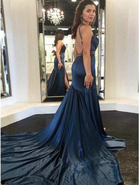 Mermaid Cross Neck Backless Court Train Dark Blue Prom Dress with Beading PDA322 | ballgownbridal
