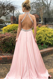 A-Line Jewel Sweep Train Pink Satin Open Back Sleeveless Prom Dress with Beading LR153