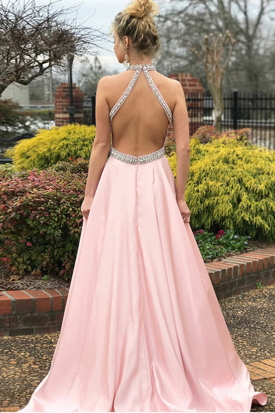 A-Line Jewel Sweep Train Pink Satin Open Back Sleeveless Prom Dress with Beading LR153