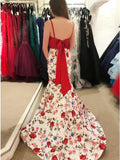 Two Piece Spaghetti Straps Backless Sweep Train White Printed Prom Dress PDA332 | ballgownbridal