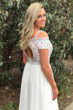 A-Line Square Sweep Train Cold Shoulder Empire White Tulle Prom Dress with Embroidery LR82