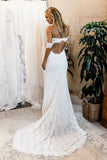 Mermaid Off-the-Shoulder Sweep Train Open Back Ivory Split Lace Wedding Dress AHC590