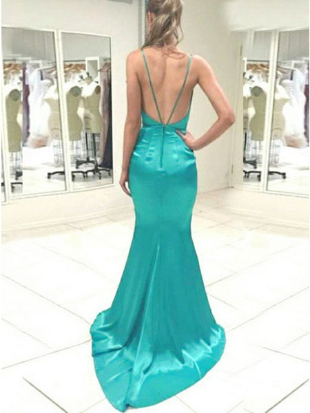 Mermaid Deep V-Neck Backless Sweep Train Turquoise Prom Dress PDA272 | ballgownbridal