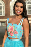 Two Piece Straps Sweep Train Blue Lace Prom Dress with Beading Embroidery LR109