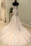 Mermaid Sweetheart Court Train Champagne Lace Wedding Dress with Appliques AHC582