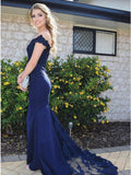 Mermaid Off-the-Shoulder Sweep Train Navy Blue Prom Dress with Appliques PDA276 | ballgownbridal