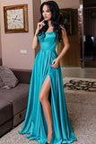 A-Line Straps Floor-Length Turquoise Prom Dress with Split LR22