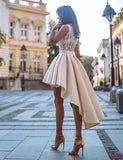 High Low Champagne Homecoming Dresses V Neck with Appliques PDA111 | ballgownbridal