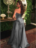 A-Line Strapless Sweep Train Grey Satin Prom Dress with Ruffles PDA314 | ballgownbridal