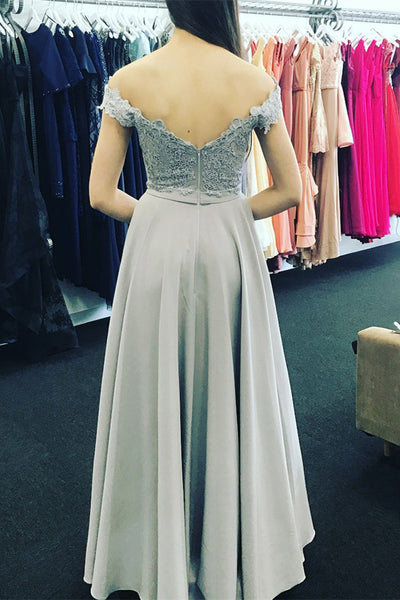 A-Line Off-the-Shoulder Sweep Train Grey Chiffon Prom Dress with Appliques AHC532