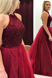 A-Line Halter Sweep Train Backless Dark Red Tulle Prom Dress with Beading AHC665 | ballgownbridal