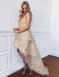 Stylish A Line High Low Champagne Homecoming Dresses with Appliques PDA102