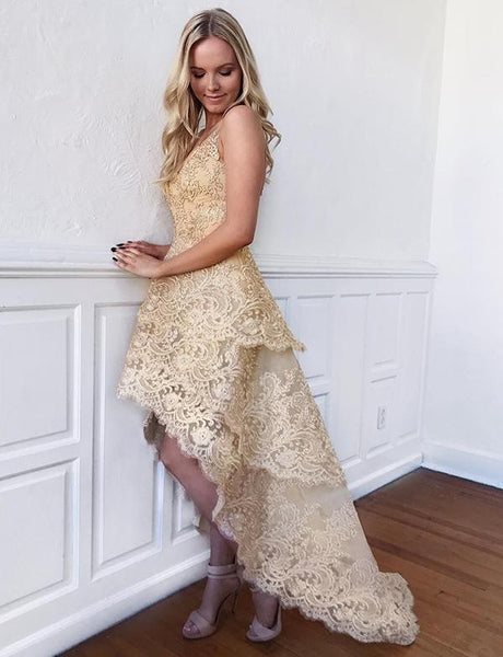 Stylish A Line High Low Champagne Homecoming Dresses with Appliques PDA102